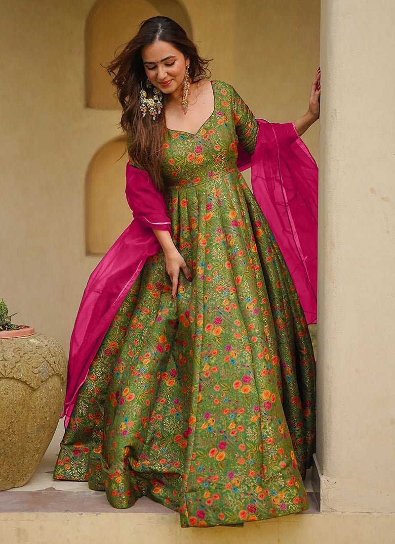 Olive Green Silk Floral Digital Print Anarkali Suit Festive Wear