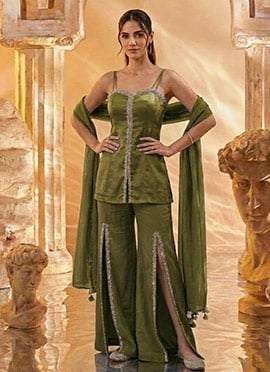 Olive Green Silk Hand Embroidered Cutdana With Stone Work Palazzo Suit