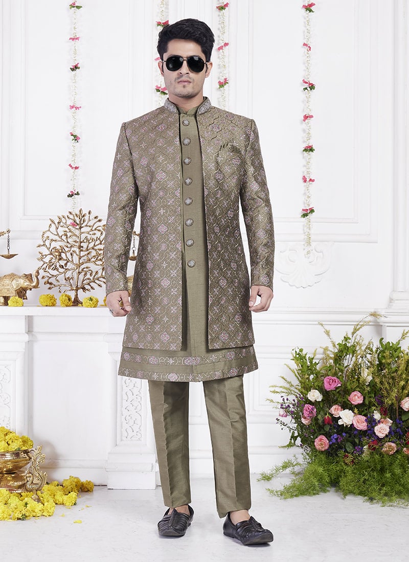 Olive Green Silk Hand Embroidered Sequins Indowestern Sherwani