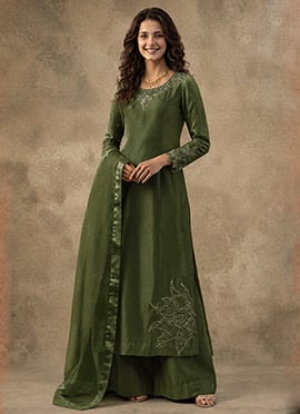 Olive Green Silk Hand Embroidered Stone Work Palazzo Suit