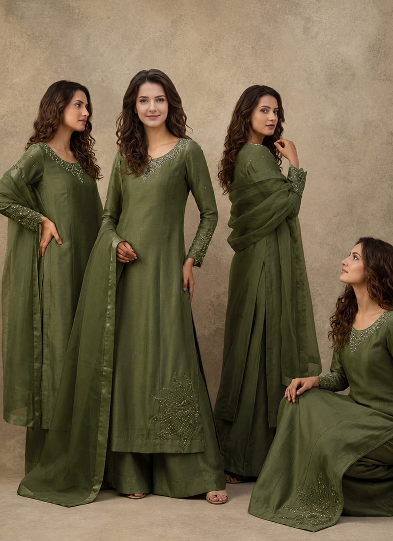 Olive Green Silk Hand Embroidered Stone Work Palazzo Suit After Six Wear