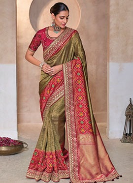 Olive Green Silk Jacquard Gota Work Patola Print Elegant Saree