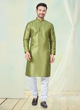 Olive Green Silk Kurta Pyjama For Men