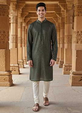 Olive Green Silk Sequins Kurta Pyjama