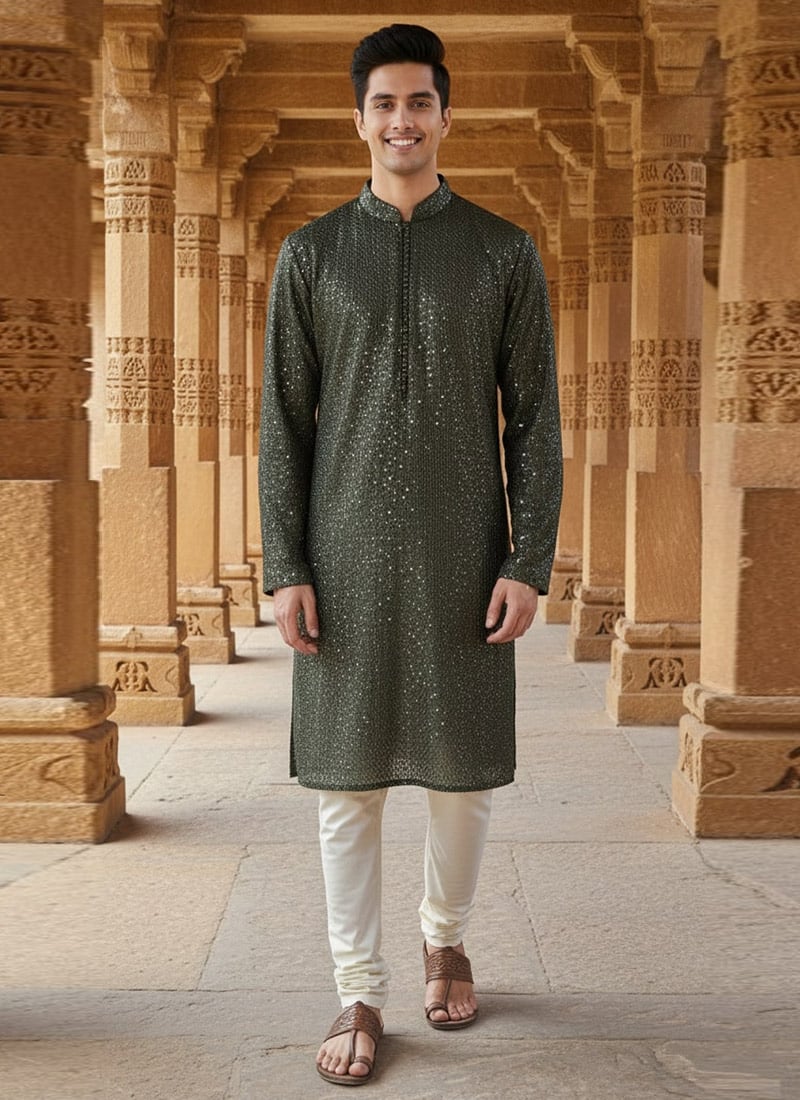 Olive Green Silk Sequins Kurta Pyjama Festive Wear