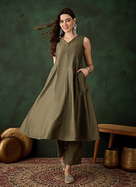 Olive Green Silk Solid A Line Kurta Straight Pant Set
