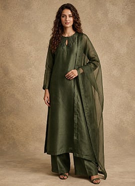 Olive Green Silk Stone Work Palazzo Suit