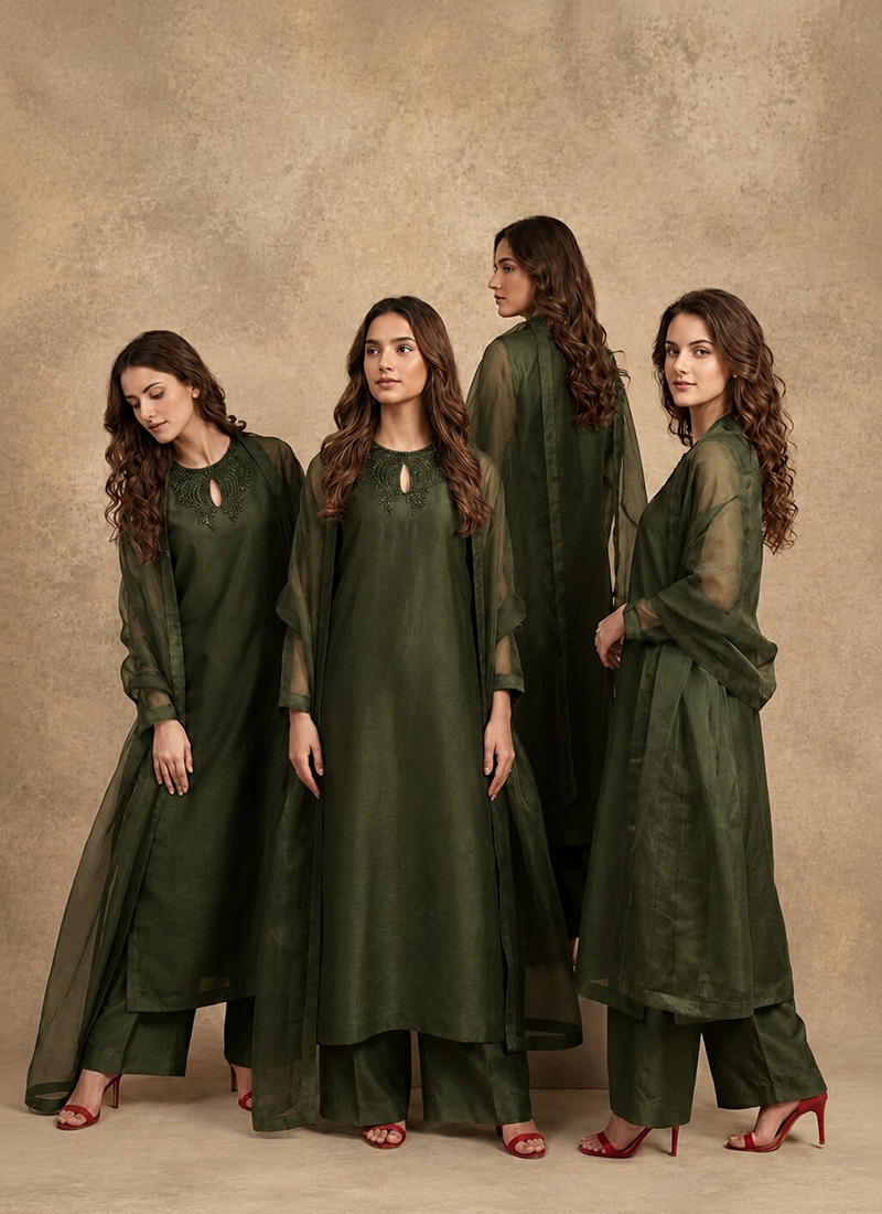 Olive Green Silk Stone Work Palazzo Suit After Six Wear