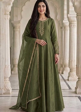 Olive Green Silk Zari Embroidered Anarkali Suit
