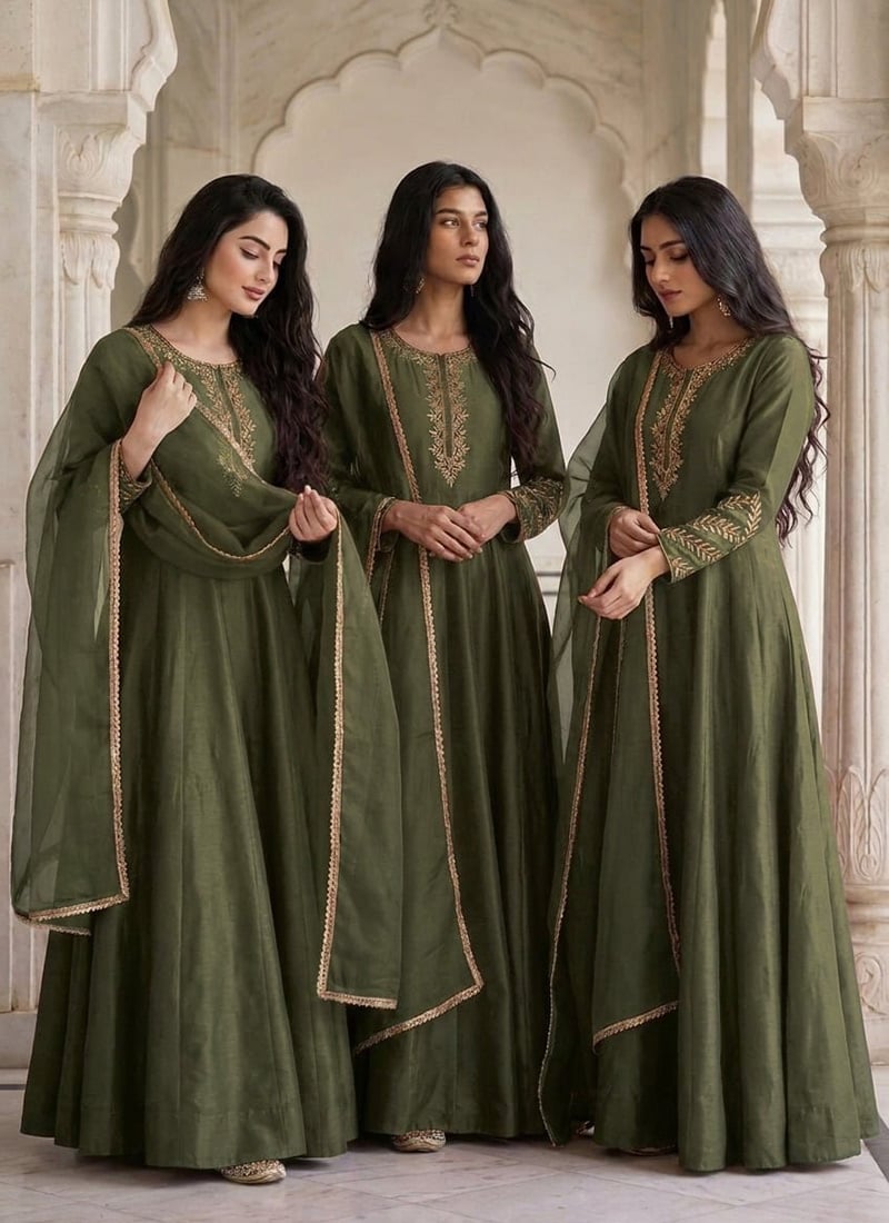 Olive Green Silk Zari Embroidered Anarkali Suit Festive Wear