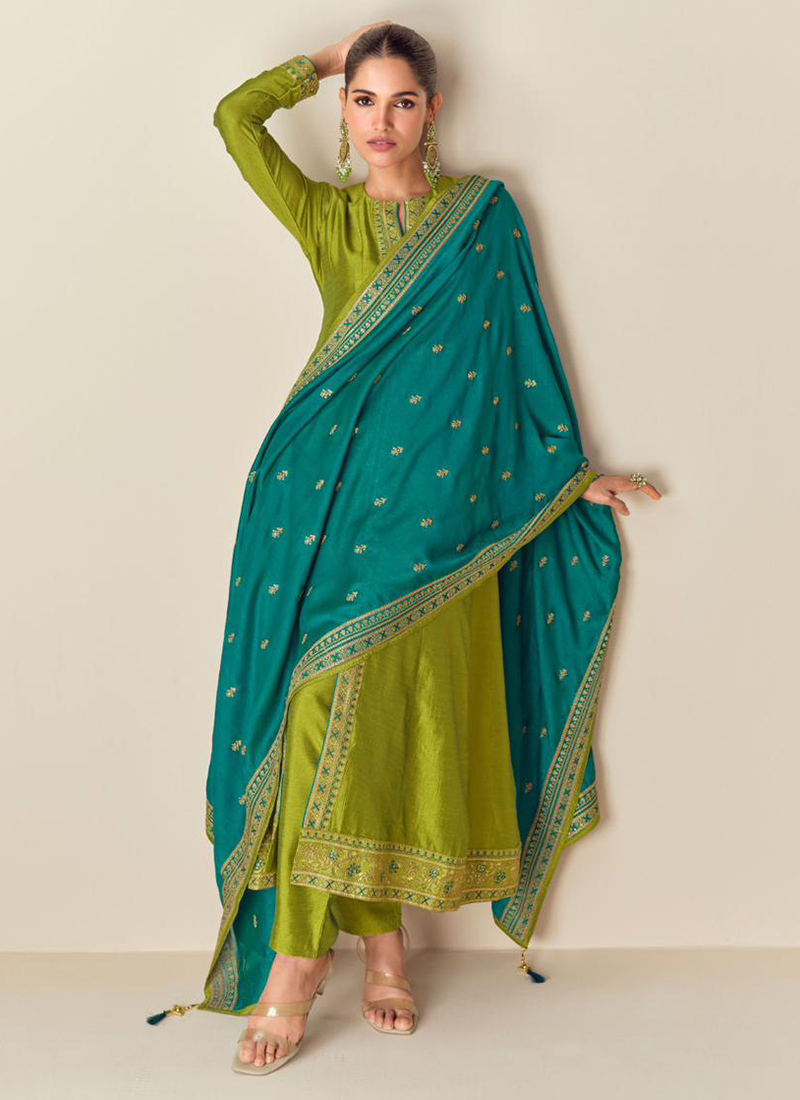 Viscose Organza Green Zari & Sequins Festive Salwar Suit