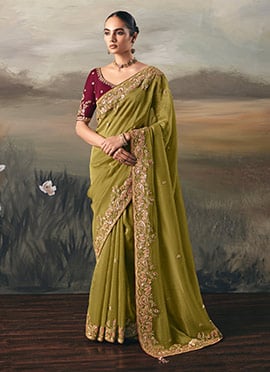 Olive Green Silk Zari Embroidered Sequins Saree