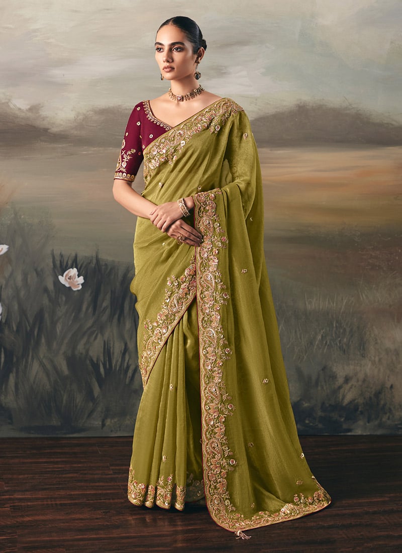 Olive Green Silk Zari Embroidered Sequins Saree Wedding Wear