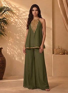 Olive Green Silk Zari Resham Sequins Embroidery Halter Neck Kurta Palazzo Set