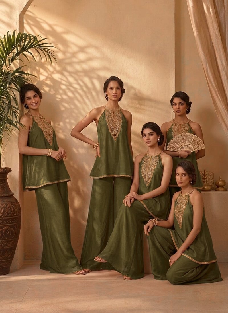 Olive Green Silk Zari Resham Sequins Embroidery Halter Neck Kurta Palazzo Set After Six Wear