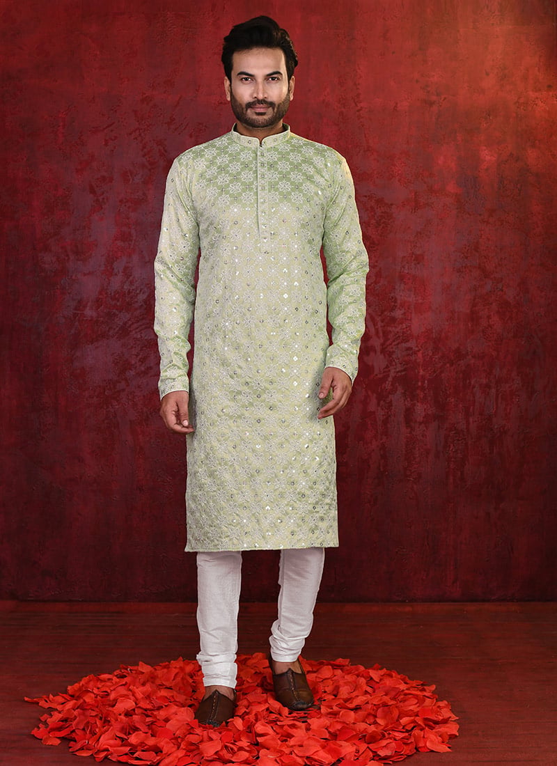 Olive Green Soft Rayon Lucknowi Chikankari Kurta Pyjama For Men Festive Wear