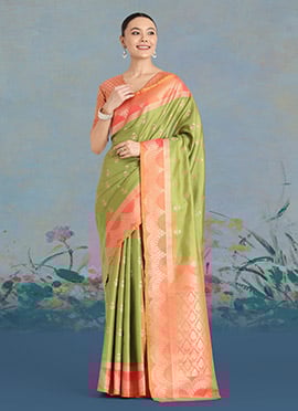 Olive Green Tissue Banarasi Silk Zari Woven Saree