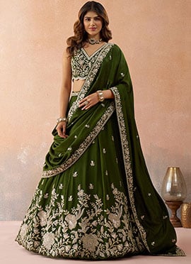 Olive Green Tissue Embroidered Zari Sequins Lehenga