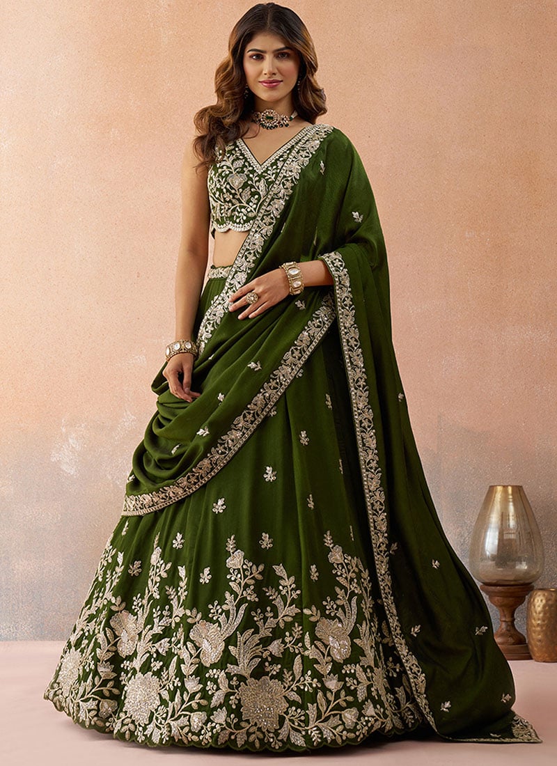 Olive Green Tissue Embroidered Zari Sequins Lehenga Wedding Wear