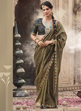 Olive Green Tissue Jacquard Zari Saree