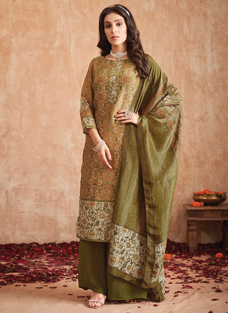 Olive Green Tissue Shimmer Digital Print Hand Work Palazzo Suit After Six Wear