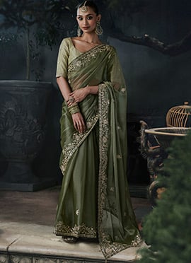 Olive Green Tissue Silk Floral Embroidery Saree