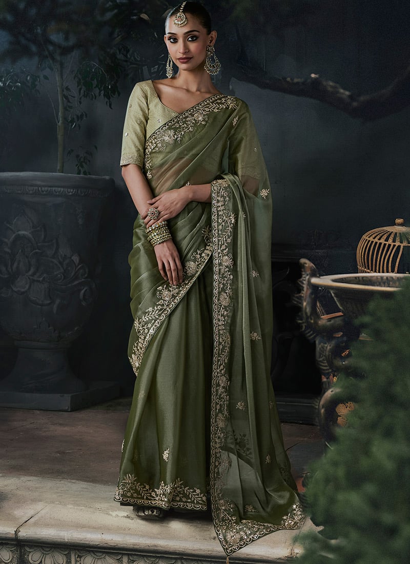 Olive Green Tissue Silk Floral Embroidery Saree Wedding Wear