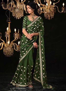 Olive Green Tissue Silk Zari Embroidered Sequins Saree