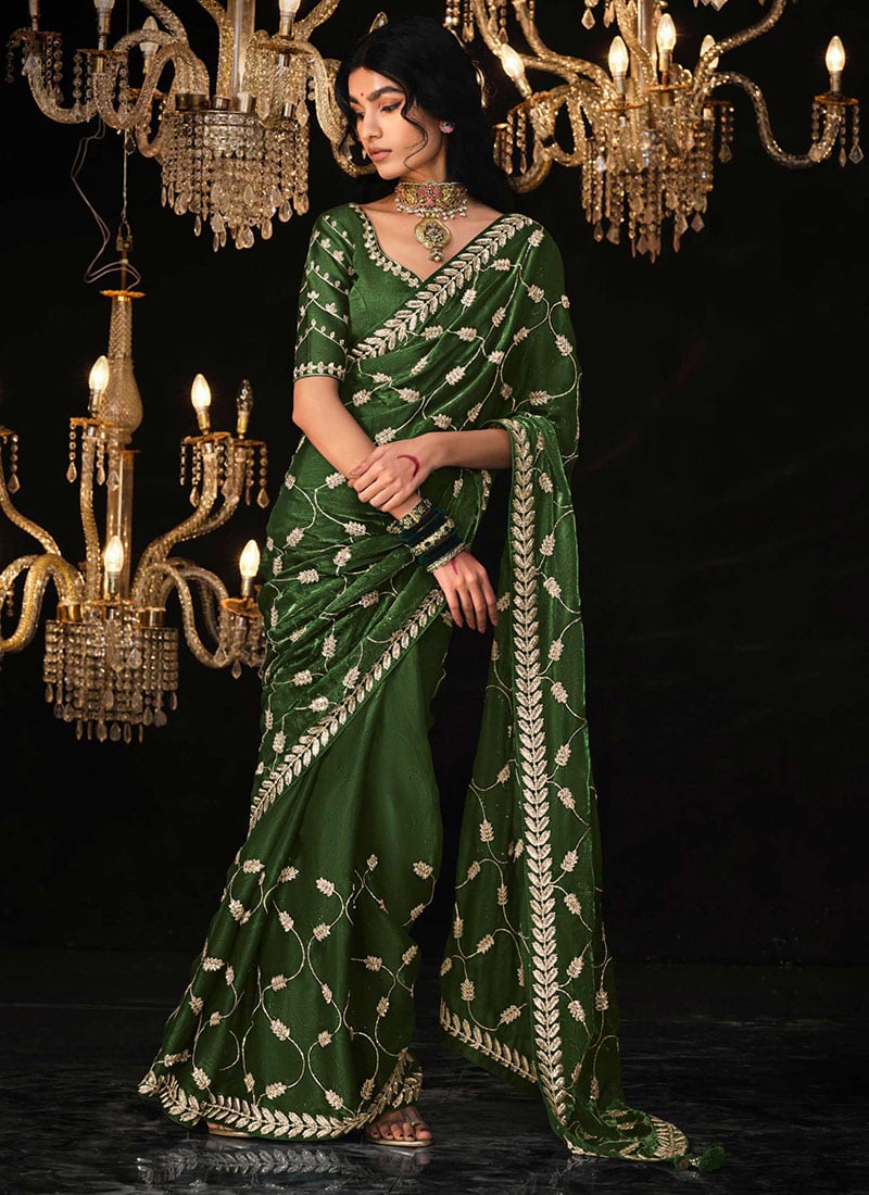 Olive Green Tissue Silk Zari Embroidered Sequins Saree Festive Wear