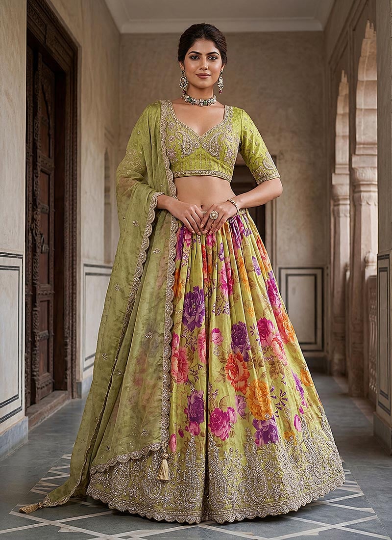 Olive Green Tissue Zari Embroidered Sequins Stones Beads Lehenga Wedding Wear