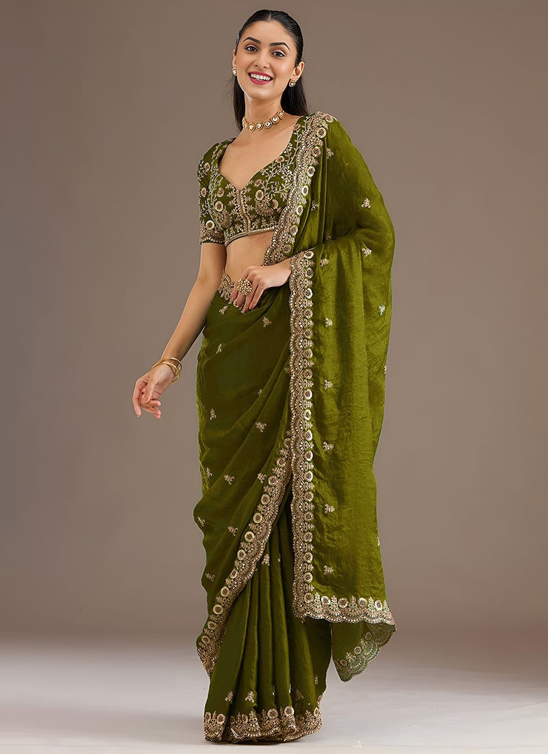 Olive Green Tissue Zari Embroidered Sequins With Stone Work Saree Wedding Wear