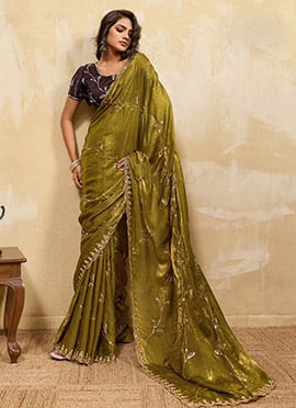 Olive Green Velevet Zari Sequins Saree