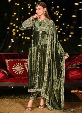 Olive Green Velvet Sequins Embroidered Hand Work Beads Straight Pant Suit