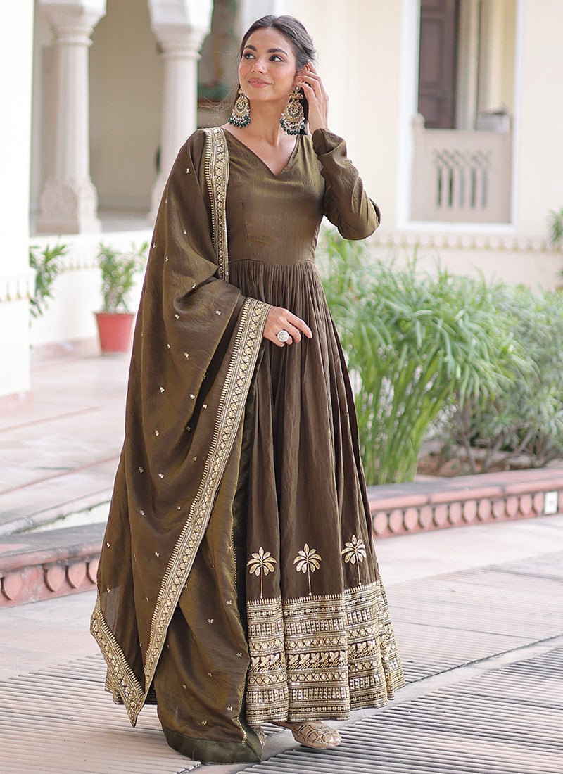 Olive Green Vichitra Silk Sequins Embroidered Anarkali Suit Festive Wear