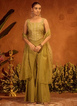Olive Green Viscose Chanderi Embroidered Sequins Palazzo Suit