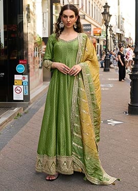 Olive Green Viscose Jacquard Silk Zari Embroidered Sequins Bandhini Anarkali Suit