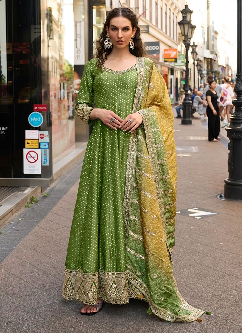Olive Green Viscose Jacquard Silk Zari Embroidered Sequins Bandhini Anarkali Suit Festive Wear