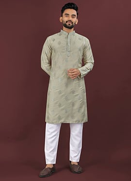 Olive Green Viscose Silk Kurta Pyjama Set With Rich Embroidery And Sequin Work
