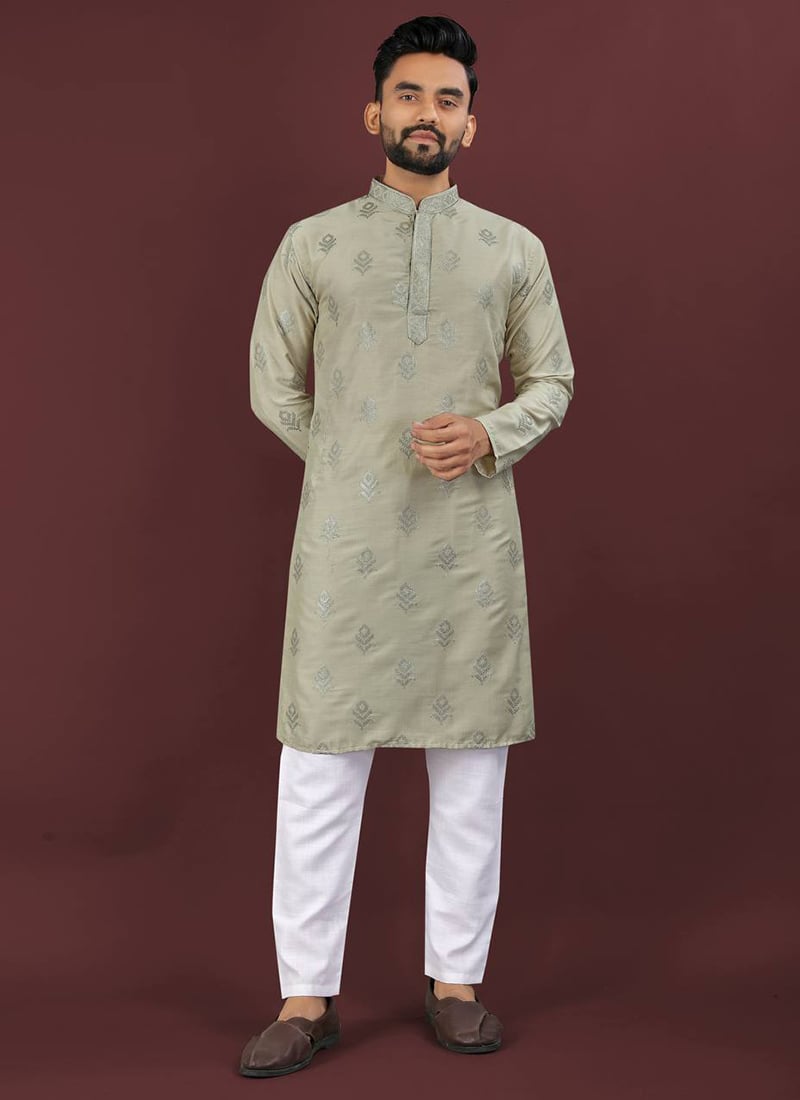 Olive Green Viscose Silk Kurta Pyjama Set With Rich Embroidery And Sequin Work Festive Wear