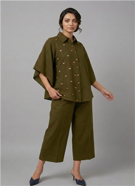 Olive Green Whisper Rayon Cotton Co Ord Set