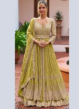 Olive Green Zari Embroidered Chinon Silk Anarkali Suit