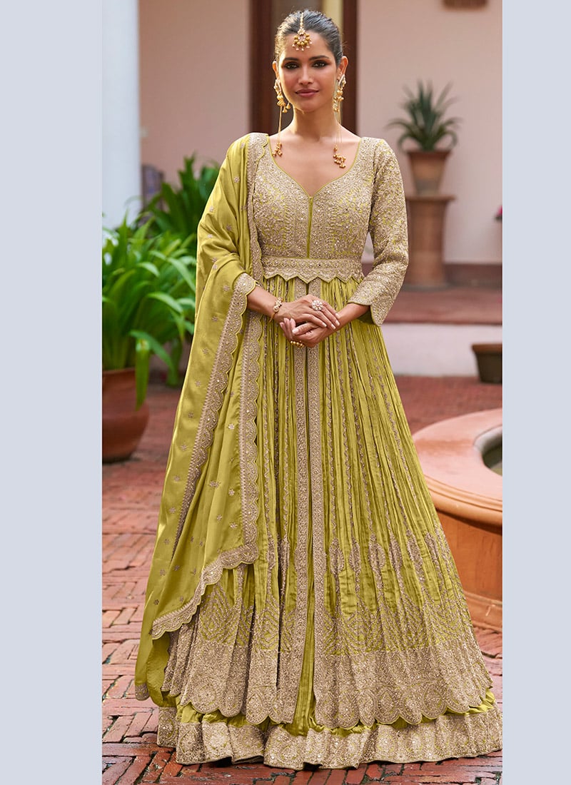 Olive Green Zari Embroidered Chinon Silk Anarkali Suit Wedding Wear