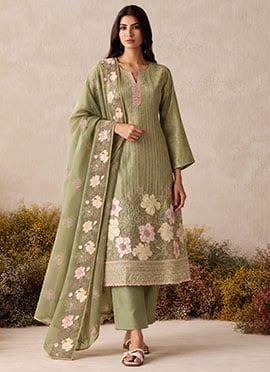 Olive Green Zari Embroidered Shimmer Silk Straight Pant Suit