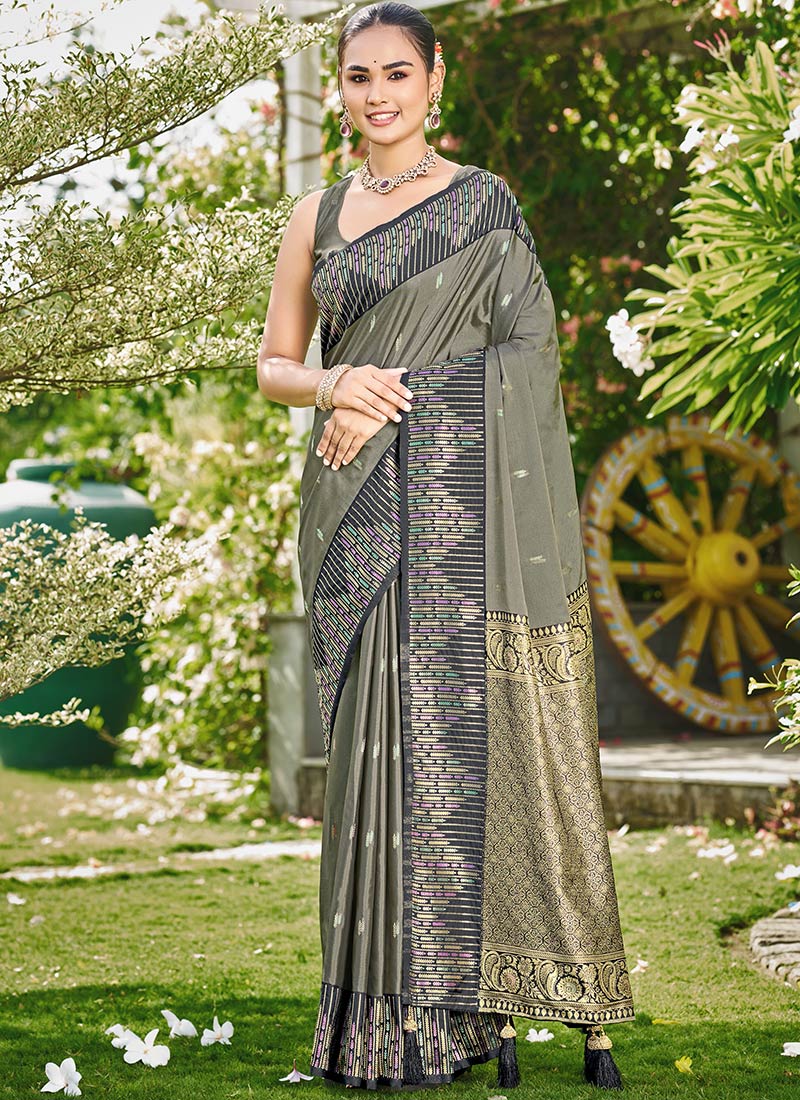 Olive Grey Banarasi Satin Silk Elegant Zari Woven Saree Festive Wear