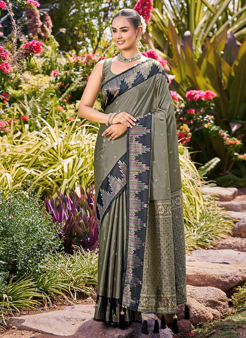 Olive Grey Banarasi Satin Silk Refined Zari Woven Saree Festive Wear