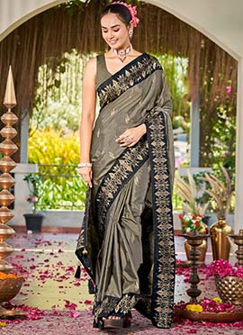 Olive Grey Banarasi Satin Silk Refined Zari Woven Saree