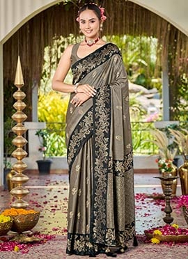 Olive Grey Banarasi Satin Silk Refined Zari Woven Saree