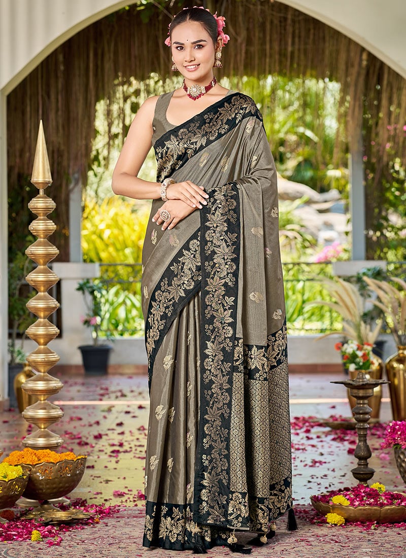 Olive Grey Banarasi Satin Silk Refined Zari Woven Saree Festive Wear