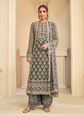 Olive Grey Crepe Silk Aari Gota Patti Printed Palazzo Suit