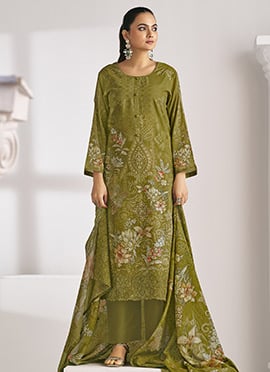 Olive Lawn Cotton Digital Print Straight Pant Suit